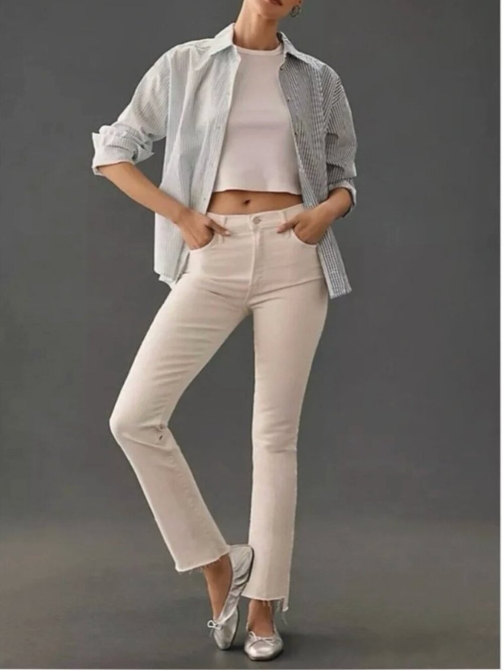 Mother Insider Crop Step Fray Jeans Toasted Ivory Size 26 Premium Stretch Denim